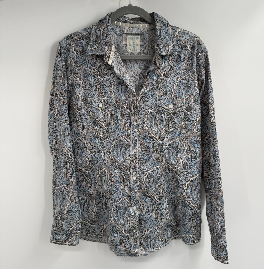 Panhandle Slim Western Shirt Womens L Blue Brown Paisley Long Sleeve Snap Rodeo